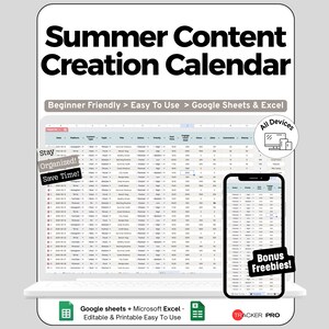 Peut inclure: Un calendrier de marketing numérique affiché sur un ordinateur portable et un smartphone. Le texte indique "Summer Content Creation Calendar" et "Beginner Friendly > Easy To Use > Google Sheets & Excel." Le texte supplémentaire comprend "Stay Organized! Save Time!" et "Bonus Freebies!"