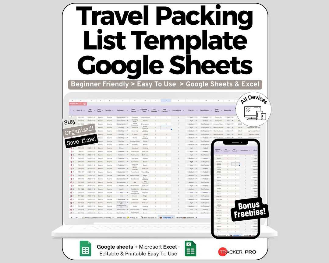 Travel Packing List Template Google Sheets, Travel Template, Checklist ...