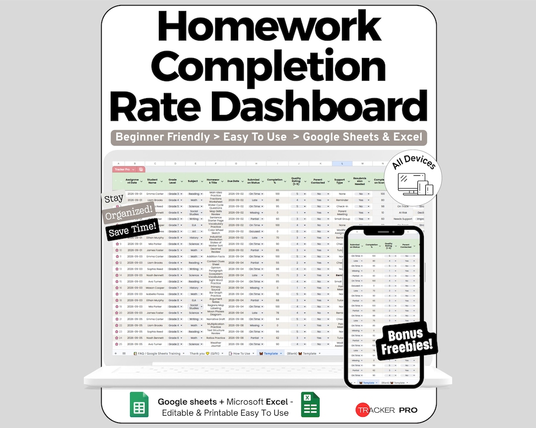 Homework Completion Spreadsheet for Google Sheets and Excel Assignment ...