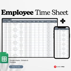 Peut inclure: Une feuille de temps des employés affichée sur une tablette et un smartphone. Le texte "Employee Time Sheet" est en haut. Le logo Google Sheets est en bas à gauche, avec le texte "Google sheets - Editable & Printable". Le logo Tracker Pro est en bas à droite.