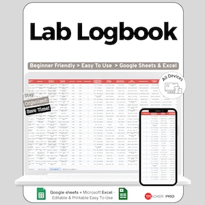 Puede incluir: Un cuaderno de laboratorio digital que se muestra en una computadora portátil y un teléfono inteligente. El texto "Lab Logbook" está en la parte superior. El cuaderno es fácil de usar con Google Sheets & Excel. También incluye el texto "Stay Organized! Save Time!"