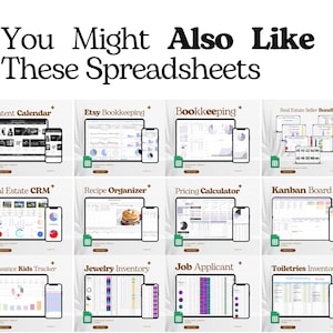 May include: A promotional image featuring a grid of digital spreadsheets displayed on tablets and smartphones. Titles include "Content Calendar," "Etsy Bookkeeping," and "Recipe Organizer." The text at the top reads "You Might Also Like These Spreadsheets."