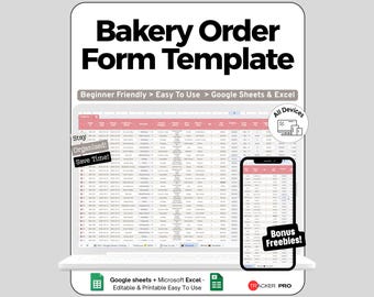 Bakery Order Form Spreadsheet Google Sheets Template, Cake Cupcake & Cookie Custom Order Log with Deposit Balance Due, Pickup Schedule, Log