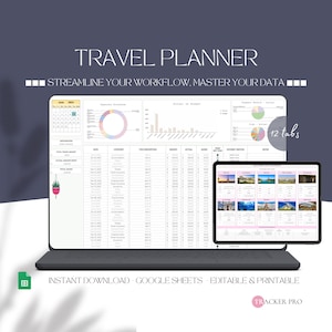 Planilha Google para planejador de viagens, planilha de viagem, modelo de orçamento de viagem, lista de embalagem de viagem, modelo de itinerário de viagem Planilhas Google