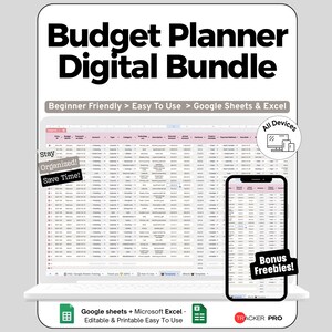 Peut inclure: Un ensemble de planificateur budgétaire numérique affiché sur un ordinateur portable et un smartphone. Le texte "Budget Planner Digital Bundle" est en haut. L'écran de l'ordinateur portable et le téléphone affichent une feuille de calcul. Le texte inclut "Facile à utiliser".