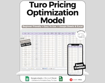 May include: A Turo Pricing Optimization Model digital spreadsheet template for Google Sheets and Excel. The display shows a data table with columns for vehicle details, pricing, and metrics, featuring text overlays like Stay Organized, Save Time, and Bonus Freebies.