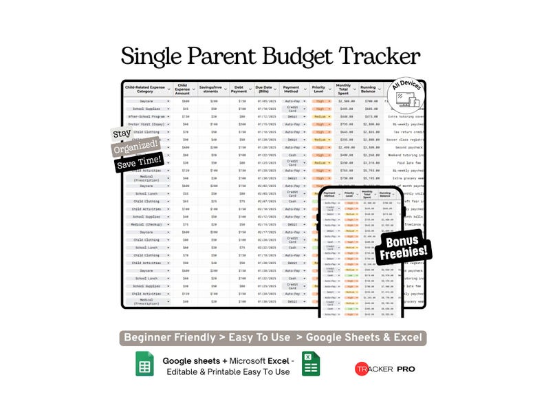 Single Parent Budget Planner Google Sheets Template Family Income, Child Expenses and Monthly Budget Tracker Spreadsheet, Excel Template image 1