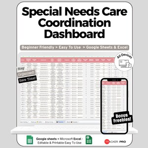 Può includere: Un dashboard digitale per il coordinamento dell'assistenza per bisogni speciali per Google Sheets ed Excel. Il display mostra un'interfaccia di foglio di calcolo su un laptop e uno smartphone con etichette come Beginner Friendly, Stay Organized e Bonus Freebies.