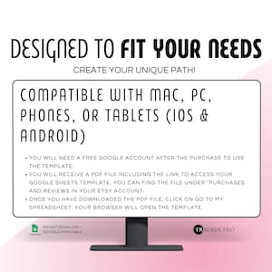 May include: A computer monitor displays text: "DESIGNED TO FIT YOUR NEEDS" and "CREATE YOUR UNIQUE PATH!". The screen also states compatibility with Mac, PC, phones, and tablets. Additional text provides instructions for use. The bottom right corner shows the Tracker Pro logo.