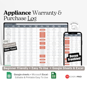 Garantie- und Kaufprotokoll für Haushaltsgeräte (Google Excel), Heimelektronik-Tracker, Reparaturplan- und Belegprotokoll, Garantie-Google-Tabellenvorlage