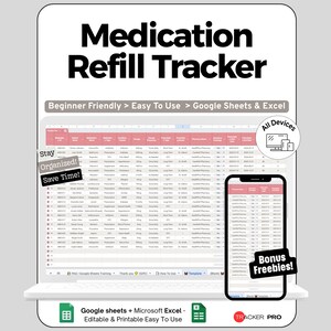 Medication Tracker Spreadsheet for Google Sheets and Excel Refill Monitoring Dosage Logging and Expense Dashboard