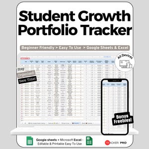 Spreadsheet voor studentenportfolio's in Google Sheets en Excel: voortgangsmonitoring en groeidashboard (bewerkbaar).