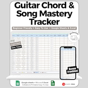 以下が含まれることがあります： ノートパソコンとスマートフォンの画面に表示されたデジタルGuitar Chord & Song Mastery Trackerスプレッドシート。インターフェースには、曲の詳細、難易度、進捗状況の列が含まれています。テキストには「Beginner Friendly」、「Stay Organized!」、「Save Time!」、「All Devices」、「Bonus Freebies!」、「Google Sheets & Microsoft Excel」が含まれています。