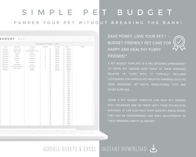 Pet Expense Tracker, Pet Budget Spreadsheet, Pet Spending Template