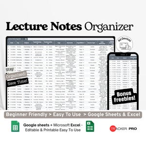 Organisatie van collegeaantekeningen in Google Excel, aantekeningen van lessen op datum en onderwerp, overzicht van schoolvakken, spreadsheet voor academische aantekeningen in Google Sheets.