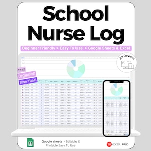 Modello di registro per infermieri scolastici su Google Sheets, strumento di monitoraggio delle visite all'infermeria scolastica, foglio di calcolo per il registro giornaliero dell'ambulatorio sanitario scolastico, foglio modificabile.