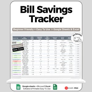Könnte beinhalten: Ein digitaler Rechnungsspartracker, der auf einem Laptop-Bildschirm angezeigt wird. Der Text "Bill Savings Tracker" steht oben. Der Bildschirm zeigt eine Tabelle mit Spalten für Anfragetyp, Beschreibung und Anpassungsbeträge.