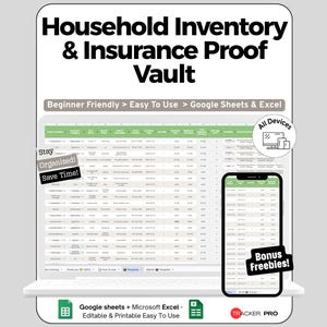 Könnte beinhalten: Eine digitale Vorlage für Haushaltsinventar und Versicherungsnachweis für Google Sheets und Excel. Die Anzeige zeigt eine Tabellenkalkulation auf einem Laptop- und Smartphone-Bildschirm mit Textbeschriftungen wie Beginner Friendly, Stay Organized und Bonus Freebies.