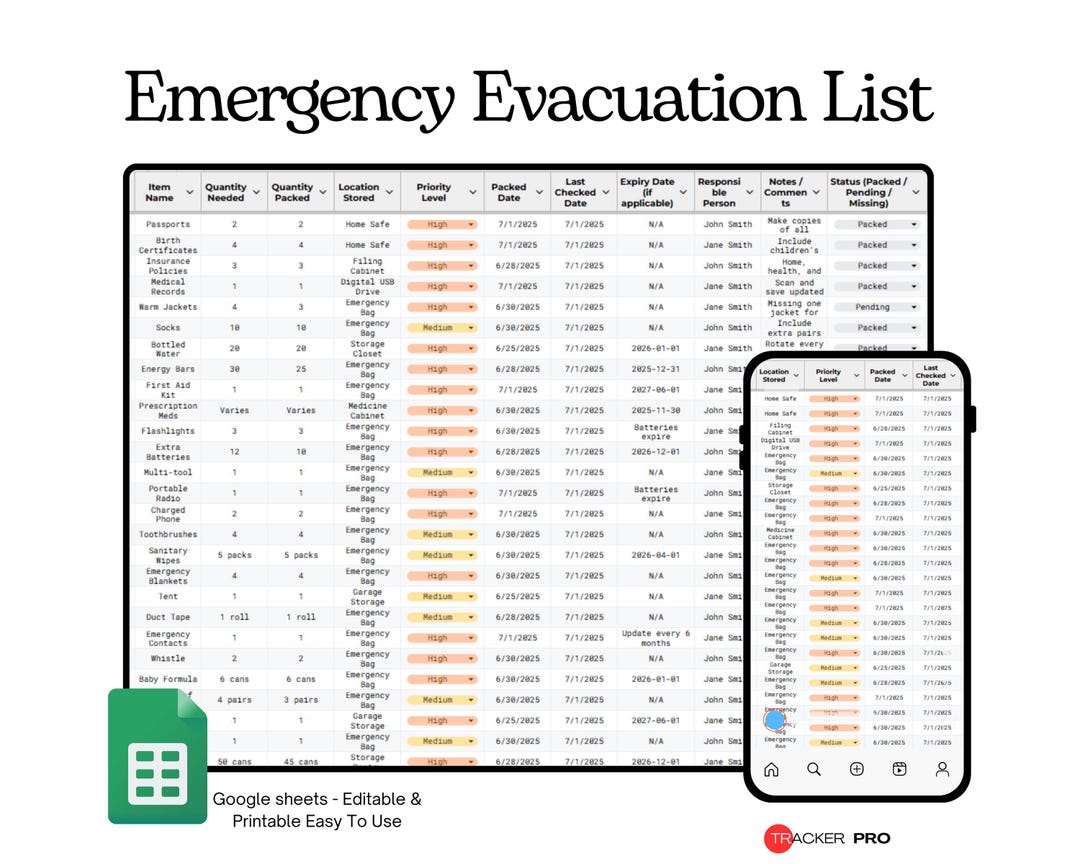 Emergency Evacuation and Grab-n-go Checklist Google Sheets Template ...