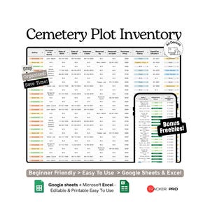 Cemetery Plot Inventory Tracker Google Sheets Template Burial Plot Management Spreadsheet for Churches, Cemeteries and Families, Excel