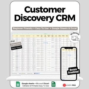 Peut inclure: Un modèle numérique de CRM de découverte client affiché sur un écran d'ordinateur portable et de smartphone. L'interface présente un tableur avec des colonnes de suivi. Le texte inclut "Beginner Friendly", "Easy to Use", "Google Sheets & Excel", "Stay Organized!", "Save Time!", "All Devices", "Bonus Freebies!" et "Tracker Pro".