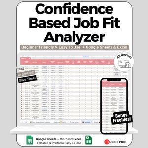 Peut inclure: Un produit numérique affiché sur un ordinateur portable et un smartphone, présentant une feuille de calcul intitulée "Confidence Based Job Fit Analyzer". La feuille de calcul est rose et blanche, avec le texte "Beginner Friendly > Easy To Use > Google Sheets & Excel". Le smartphone affiche la même feuille de calcul.