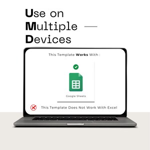 Puede incluir: Un port&aacute;til muestra un icono de Google Sheets con una marca de verificaci&oacute;n, lo que indica compatibilidad. El texto superior dice "Usar en m&uacute;ltiples dispositivos". Debajo, indica que la plantilla no funciona con Excel.