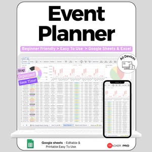 Könnte beinhalten: Eine digitale Event Planner Vorlage für Google Sheets und Excel, dargestellt auf einem Laptop- und Smartphone-Bildschirm. Die Benutzeroberfläche zeigt Datentabellen, Balken- und Kreisdiagramme. Text beinhaltet "Event Planner", "Beginner Friendly".
