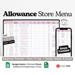 Allowance Store Menu Google Excel, Chore Reward System, Kids Incentive Chart, Printable Virtual Store Menu Template Google Sheets