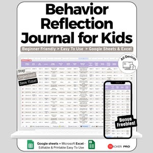 Peut inclure: Un journal de réflexion sur le comportement numérique pour enfants, affiché sur un ordinateur portable et un smartphone. Le journal est conçu pour Google Sheets et Excel, avec le texte "Beginner Friendly > Easy To Use." Le texte "Stay Organized! Save Time!"