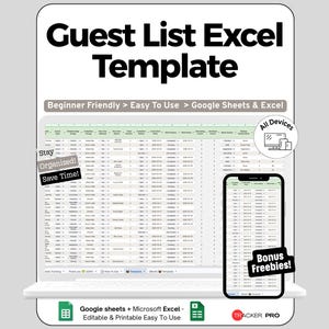 Peut inclure: Un modèle Excel de liste d'invités numérique affiché sur un écran d'ordinateur portable et de smartphone. L'interface présente des colonnes pour les détails des invités, le statut RSVP et les besoins alimentaires. Le texte inclut "Guest List Excel Template", "Beginner Friendly", "Google Sheets & Excel", "Stay Organized!", "Save Time!", "All Devices", "Bonus Freebies!" et "Tracker Pro".