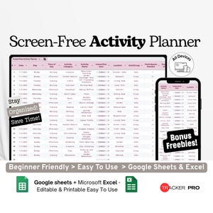 Planner di attività senza schermo Google Excel, Programma offline per bambini, Tabella delle sfide senza schermo, Registro delle attività familiari Fogli Google