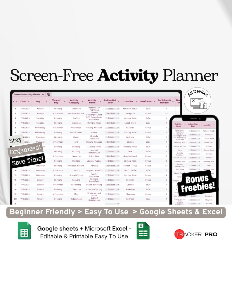 Planificador de actividades sin pantallas de Google Excel, horario sin conexión para niños, gráfico de desafío sin pantallas, registro de actividades familiares en Hojas de cálculo de Google imagen 1