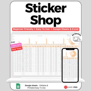 Peut inclure: Un modèle de feuille de calcul numérique pour une boutique d'autocollants affiché sur un écran d'ordinateur portable et de smartphone. L'interface comprend des graphiques, des colonnes de données et des étiquettes comme Tracker Pro.