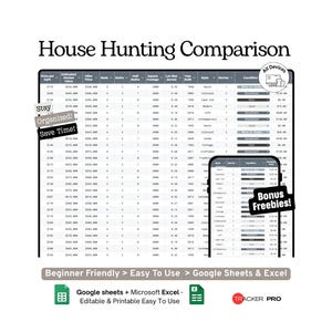 Real Estate Buyer House Hunting Comparison Google Sheets Template (Property Features, Price and Buyer Preference Log Spreadsheet)