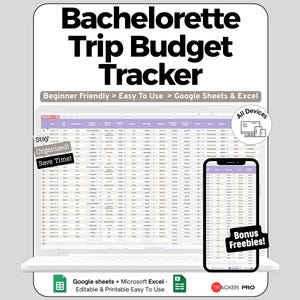 Può includere: Un tracker digitale del budget per un viaggio di addio al nubilato visualizzato su un laptop e uno smartphone. Il testo recita "Bachelorette Trip Budget Tracker" e "Beginner Friendly > Easy To Use > Google Sheets & Excel." L'immagine include anche il testo "Stay Organized! Save Time!" e "Bonus Freebies!"