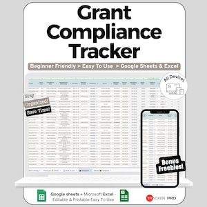 Op de afbeelding: Een digitaal Grant Compliance Tracker spreadsheet-sjabloon voor Google Sheets en Excel. Het display toont een gegevenstabel met kolommen voor subsidiegegevens, budget en status. Inclusief iconen voor apparaatcompatibiliteit en tekstlabels voor software.