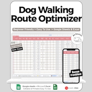 Hoja de cálculo para paseos de perros en Google Sheets y Excel: planificación de rutas, seguimiento de clientes y panel de ingresos.