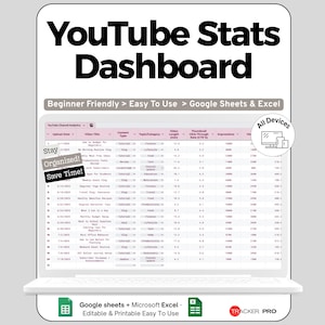 Könnte beinhalten: Ein weißer Laptop zeigt ein YouTube-Statistik-Dashboard. Das Dashboard ist für Google Sheets und Excel konzipiert und ist anfängerfreundlich. Der Text auf dem Bildschirm lautet: "Organisiert bleiben! Zeit sparen!" und "Alle Geräte."