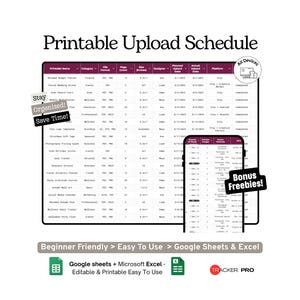 Printable Upload Schedule Google Sheets Template  Digital Products, Etsy Printables and Upload Planning Tracker  Microsoft Excel