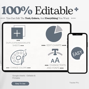 May include: A digital graphic showing a tablet and smartphone with icons and text. The text reads "100% Editable" and "You Can Edit The Text, Colors, And Everything You Want." The tablet displays icons for editing charts, changing colors, and changing text and fonts. The smartphone displays the word "EASY."