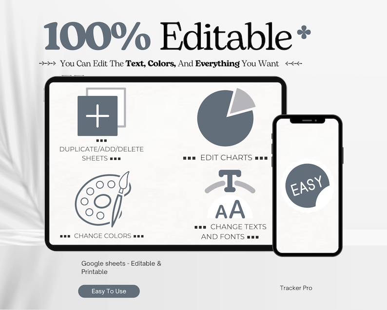 May include: A digital graphic showing a tablet and smartphone with icons and text. The text reads "100% Editable" and "You Can Edit The Text, Colors, And Everything You Want." The tablet displays icons for editing charts, changing colors, and changing text and fonts. The smartphone displays the word "EASY."