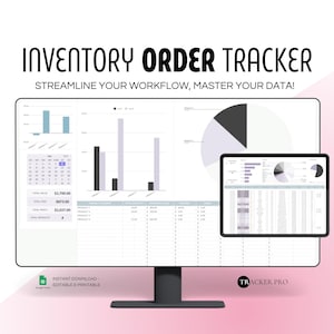 Op de afbeelding: Een computerscherm waarop een spreadsheet met grafieken en diagrammen wordt weergegeven. De spreadsheet heeft de titel "Inventory Order Tracker" en bevat gegevens zoals totale waarde, totale kosten en het totale aantal producten. Het scherm staat op een roze oppervlak.
