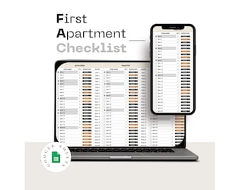 First Apartment Checklist Template Spreadsheet, First Apartment Planner Google Sheets, Furniture Inventory, College Apartment List