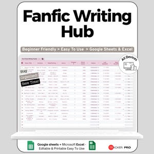 May include: A laptop screen shows a spreadsheet labelled "Fanfic Writing Hub." The table includes columns for story titles, chapters, and word counts. Text on the screen reads "Beginner Friendly > Easy To Use > Google Sheets & Excel." Additional text includes "Stay Organized! Save Time!"