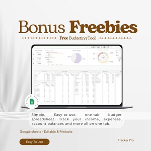 May include: A laptop screen displaying a Google Sheets spreadsheet with a monthly budget template. The spreadsheet includes sections for income, expenses, and bills. The spreadsheet is labeled "Monthly Budget" and is part of a free budgeting tool.