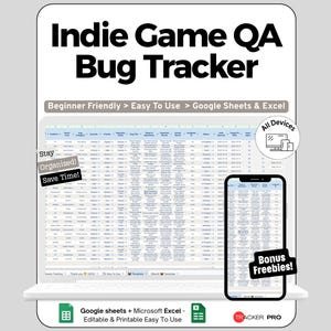 以下が含まれることがあります： Google SheetsおよびExcel用のデジタルIndie Game QA Bug Trackerスプレッドシートテンプレート。画面には、バグの詳細、ステータス、優先順位の列があるデータテーブルが表示されています。Beginner Friendly、Stay Organized、Save Time、All Devices、Bonus Freebiesというテキストラベルが含まれています。