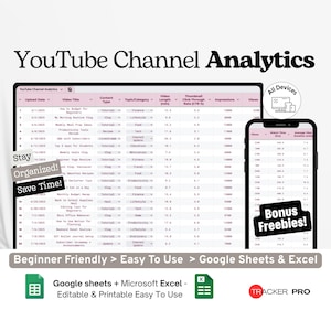 Rastreador de análisis de canales de YouTube (Google Excel), registro de estadísticas de video, hoja de crecimiento de espectadores, rastreador de métricas de monetización (Hojas de cálculo de Google)