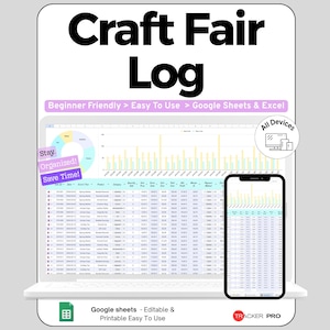 Peut inclure: Un modèle de feuille de calcul numérique Craft Fair Log pour Google Sheets et Excel. L'affichage montre un tableau de données avec des colonnes pour la date, l'événement, le produit, la quantité et le profit, ainsi qu'un graphique. Texte inclus : Beginner Friendly, Easy To Use, Google Sheets & Excel, Stay Organized, Save Time, All Devices, et Tracker Pro.