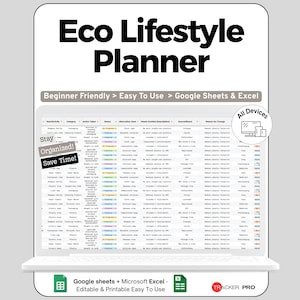 May include: A digital planner titled "Eco Lifestyle Planner" displayed on a laptop screen. The planner is designed for Google Sheets and Excel, with the text "Beginner Friendly > Easy To Use > Google Sheets & Excel." The image also includes the text "Stay Organized! Save Time!"